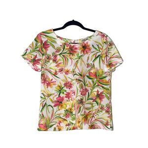 J Crew Womens Blouse Tropical Print Round Neck Cap Sleeve Size Small